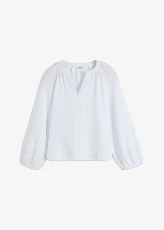 Oversized blouse van mousseline, Kleur: wit