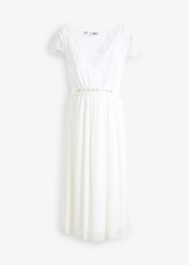 Materské svadobné šaty s opaskom, z čipky a krepu