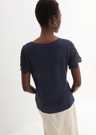 Shirt van puur linnen met gehaakte mouwen • donkerblauw • bonprix online shop