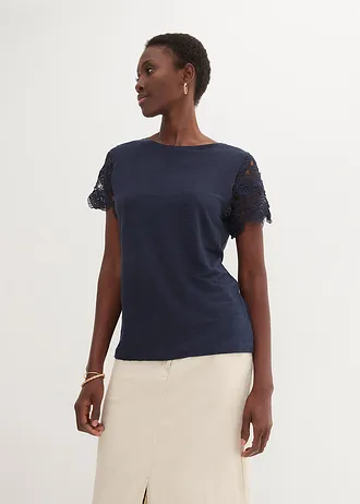 Shirt van puur linnen met gehaakte mouwen • donkerblauw • bonprix online shop