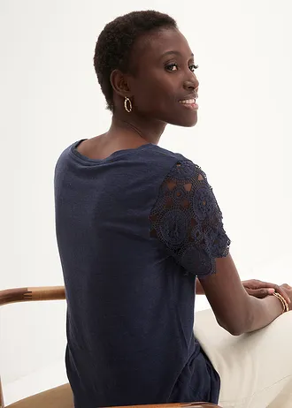 Shirt van puur linnen met gehaakte mouwen • donkerblauw • bonprix online shop