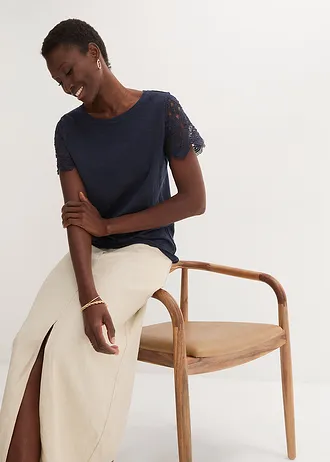 Shirt van puur linnen met gehaakte mouwen • donkerblauw • bonprix online shop