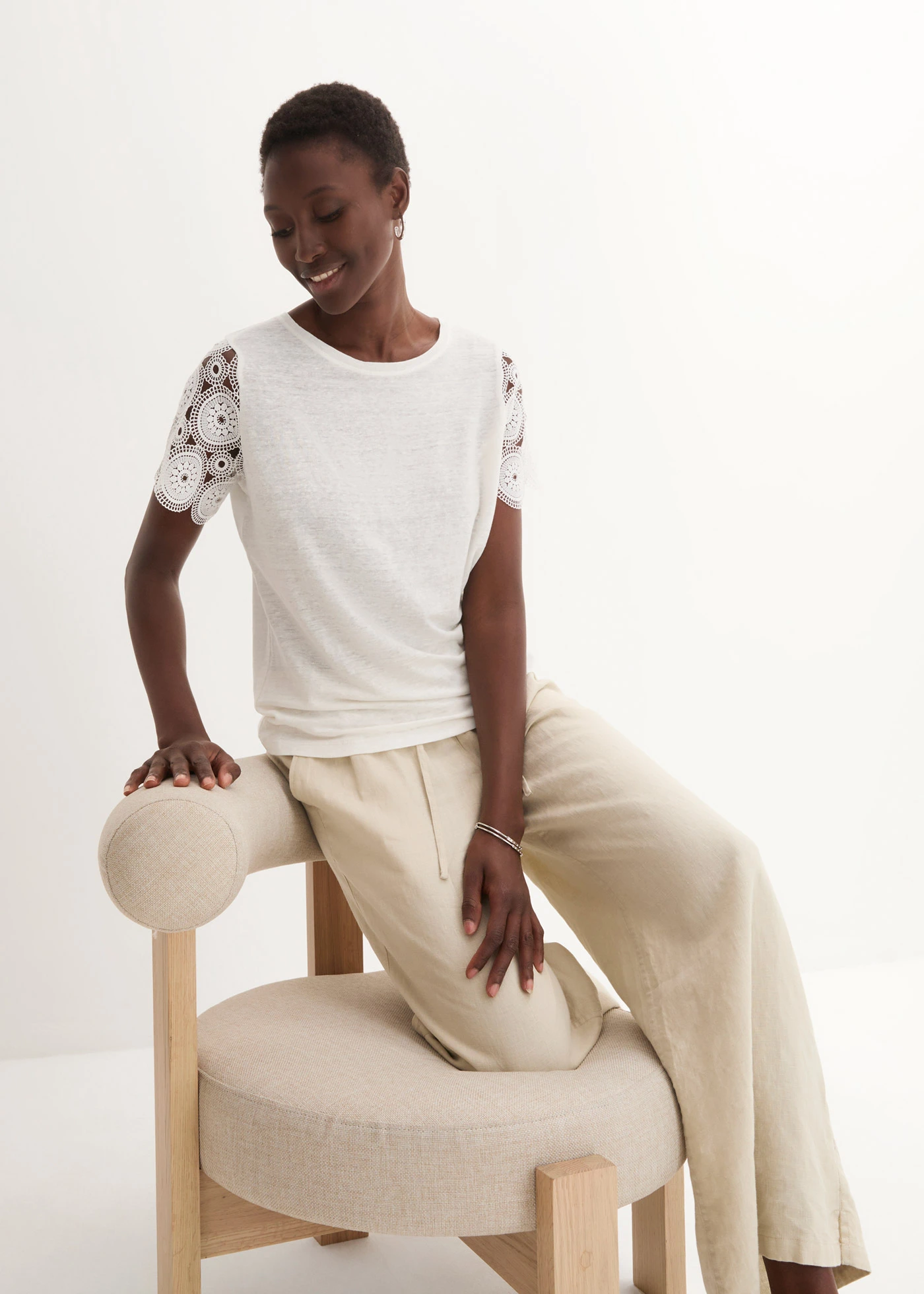 Shirt van puur linnen met gehaakte mouwen • wolwit • bonprix online shop