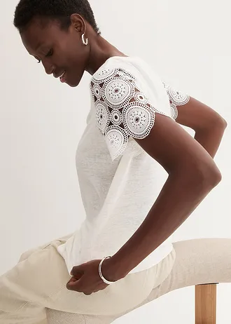 Shirt van puur linnen met gehaakte mouwen • wolwit • bonprix online shop