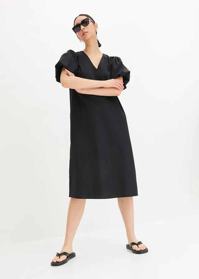 Robe midi tissée en coton, Couleur: noir