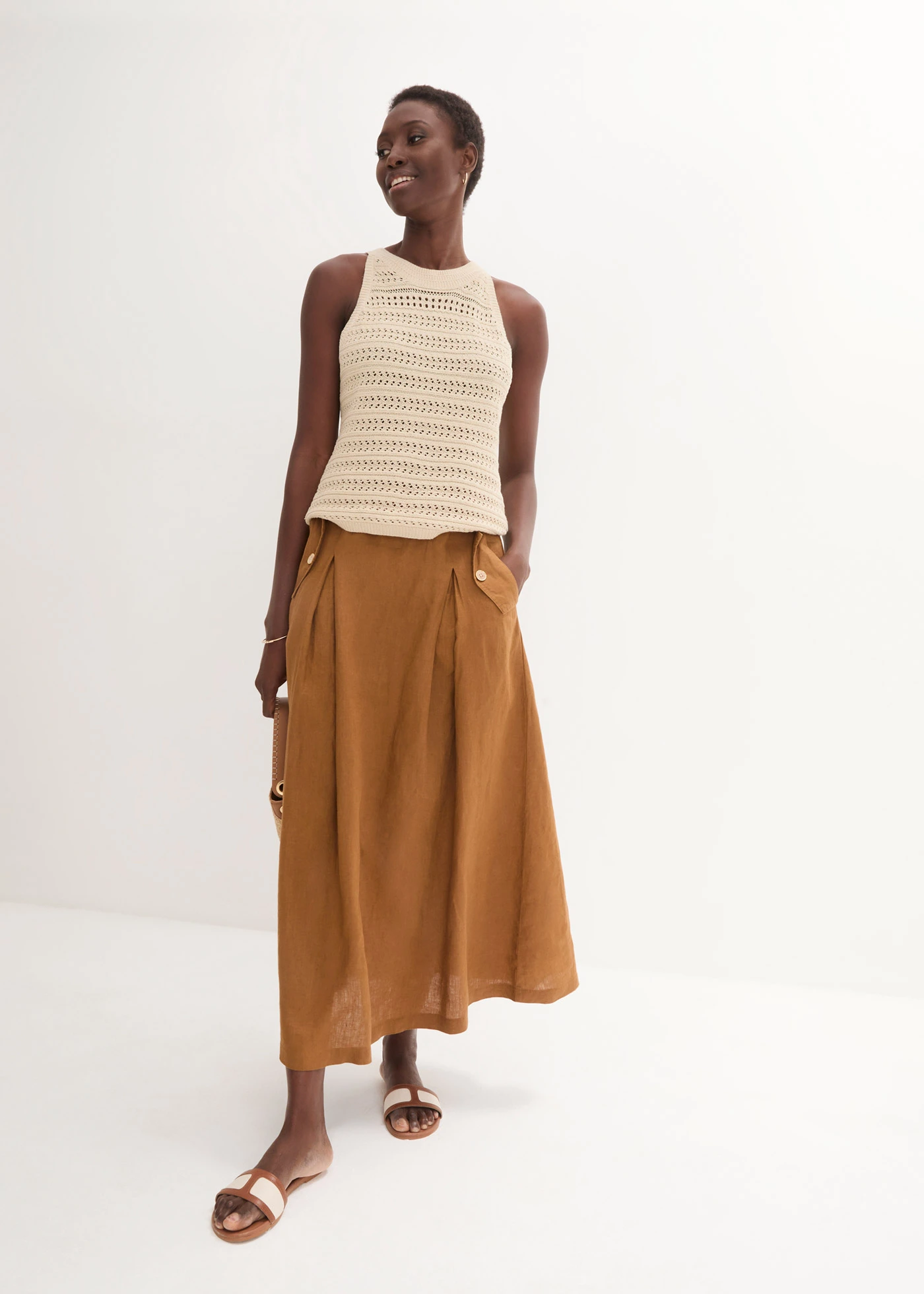 Linnen rok met plooien • cognac • bonprix online shop