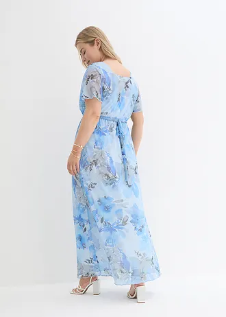 Maxi těhotenské šaty z něžné síťoviny, barva: světle modrá s květy