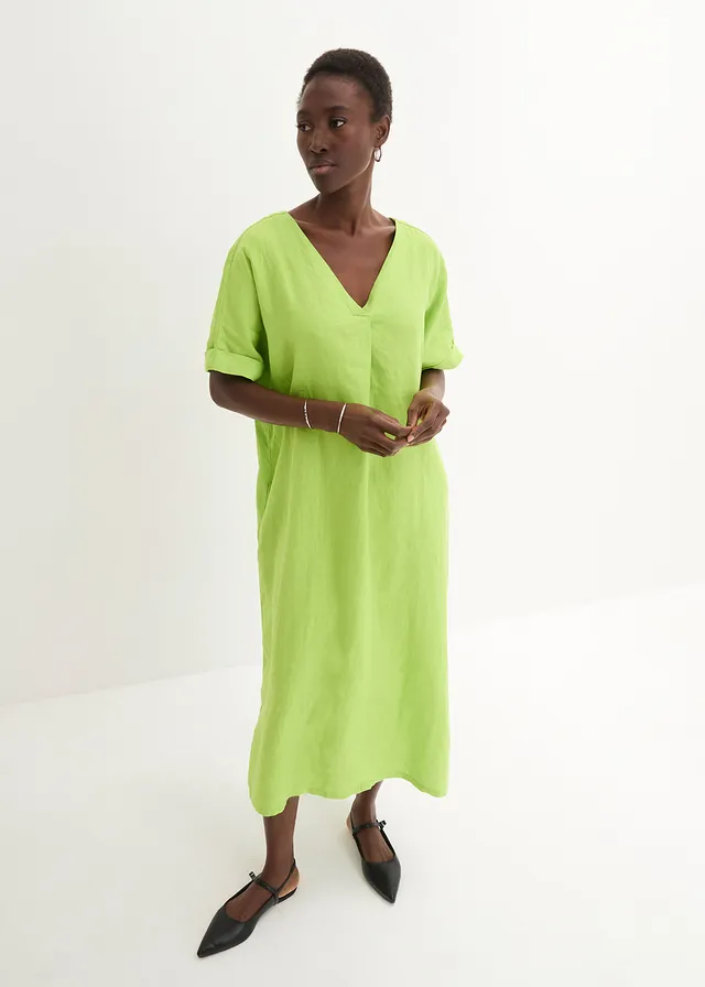 Robe caftan 100 % lin, Couleur: citron vert