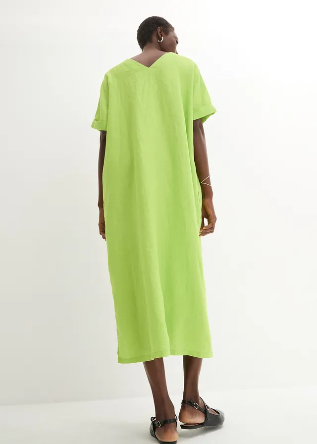 Robe caftan 100 % lin, Couleur: citron vert