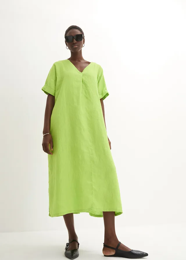 Robe caftan 100 % lin, Couleur: citron vert