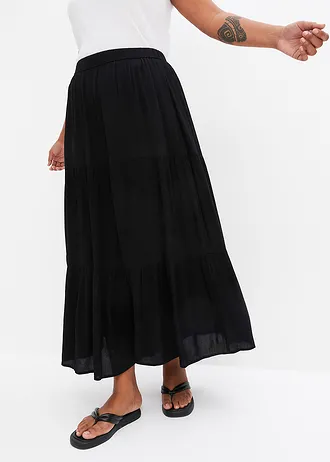 Jupe longue étagée en viscose texturée, Couleur: noir