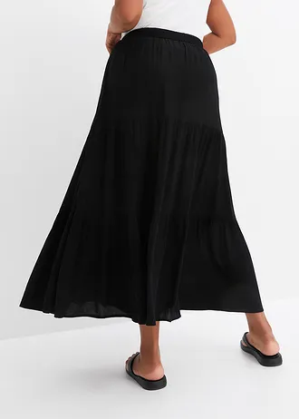 Jupe longue étagée en viscose texturée, Couleur: noir