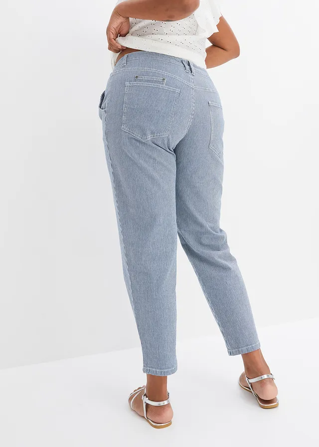 Jean barrel, taille mi-haute, rayé, Couleur: bleu stone/blanc denim rayé