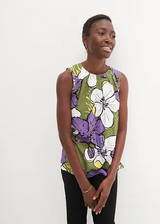 Viscose blousetop, Kleur: paars-donkerkaki gebloemd