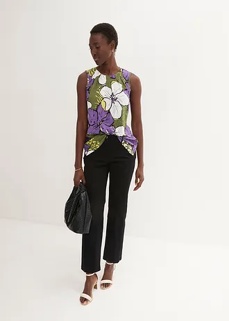 Viscose blousetop, Kleur: paars-donkerkaki gebloemd