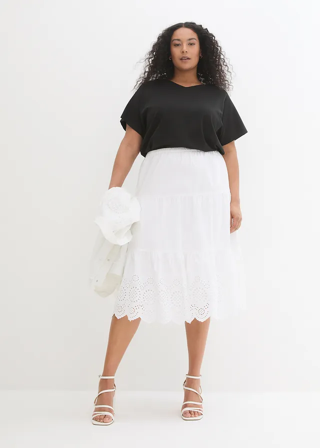 Strokenrok met broderie anglaise, Kleur: wit