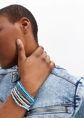 Lot de 10 bracelets en perles • bleu clair-couleur argentée-écru-bleu • Boutique bonprix