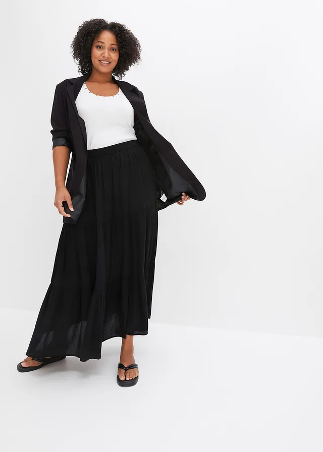 Maxi strokenrok van viscose met structuur, Kleur: zwart