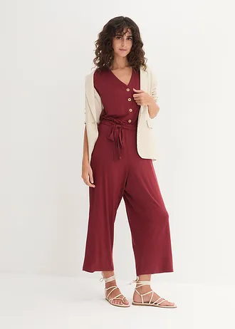Jersey jumpsuit met V-hals, korte mouw, Kleur: kastanjerood