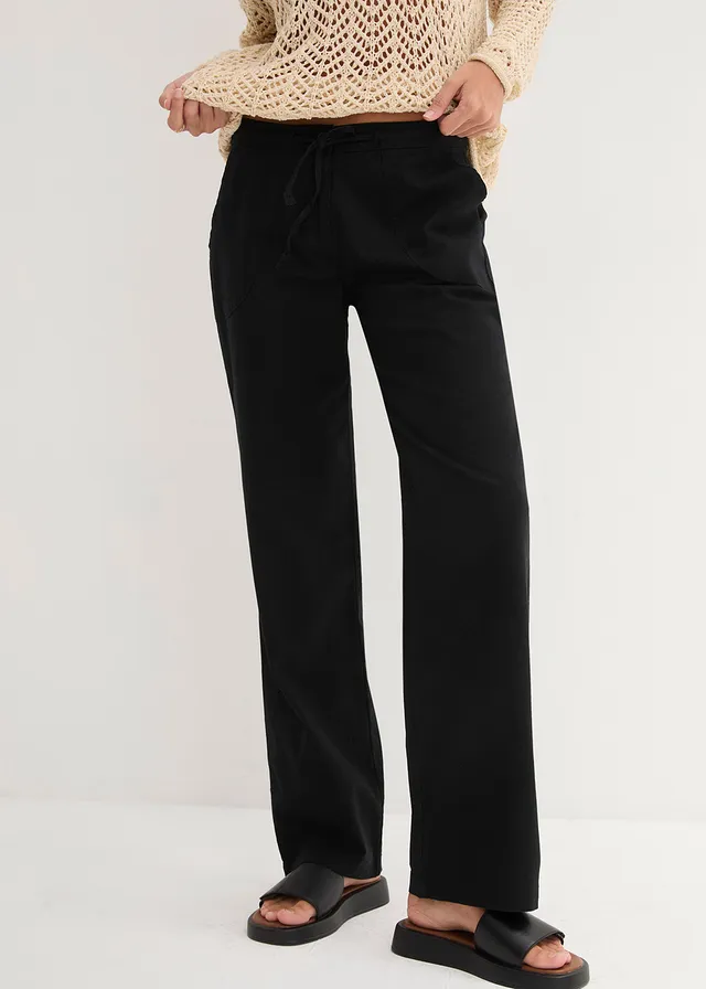 Pantalon large en lin et coton, Couleur: noir
