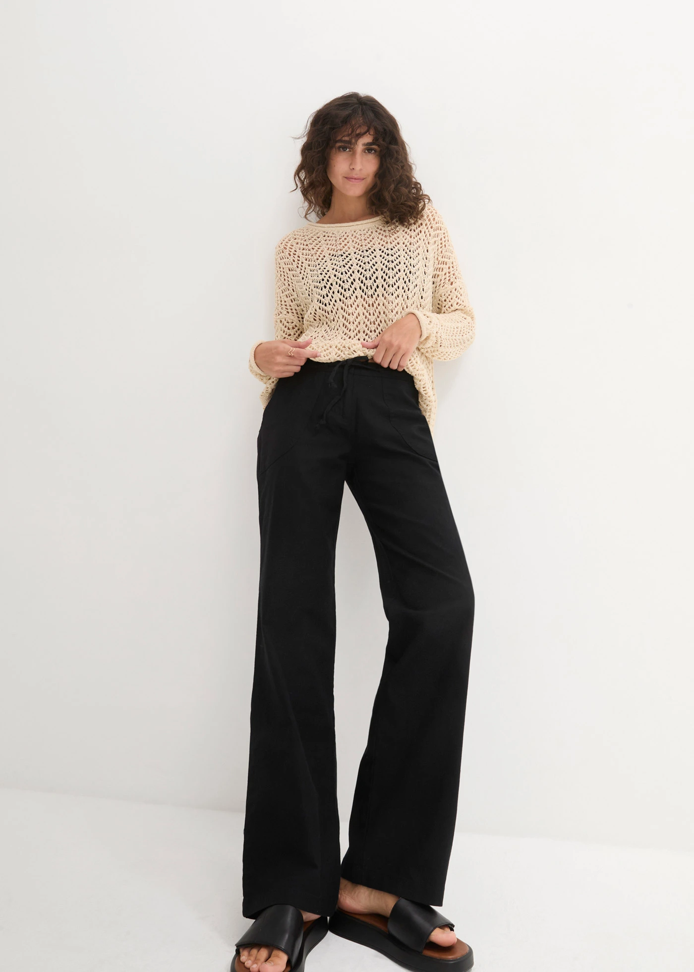 Pantalon large en lin et coton • noir • Boutique bonprix