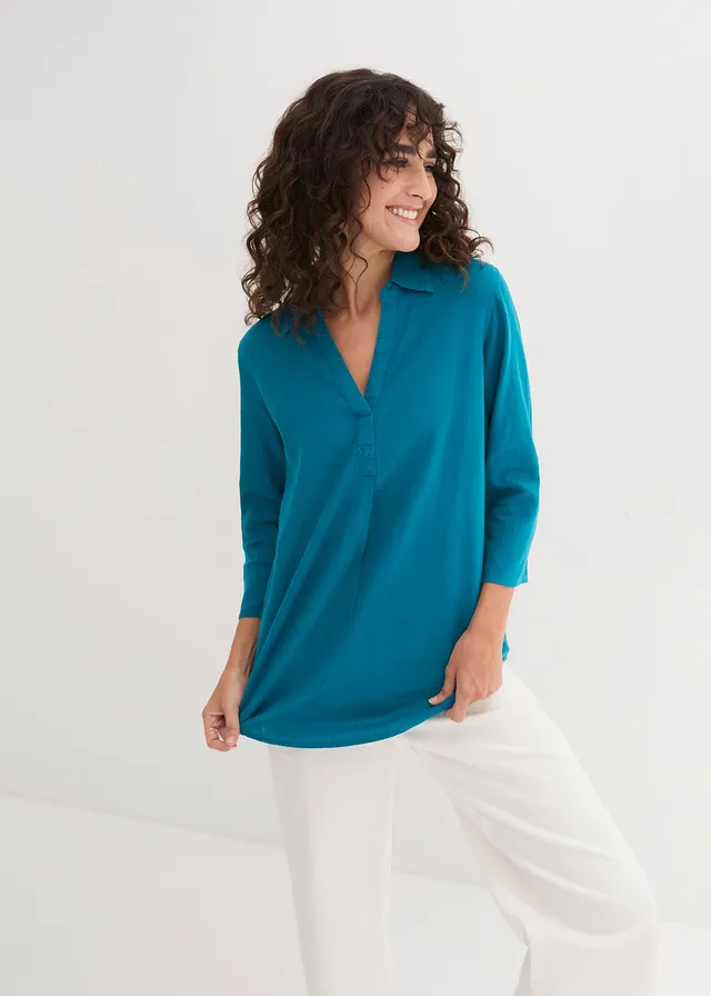 Blouse met linnen en 3/4 mouwen, Kleur: zeeturkoois