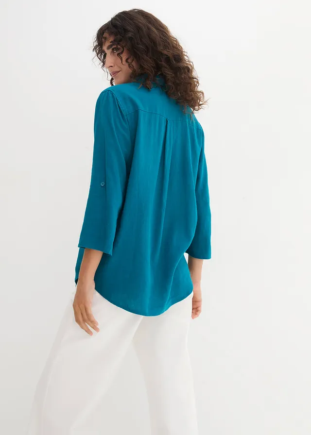Blouse met linnen en 3/4 mouwen, Kleur: zeeturkoois
