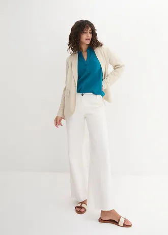 Blouse met linnen en 3/4 mouwen, Kleur: zeeturkoois