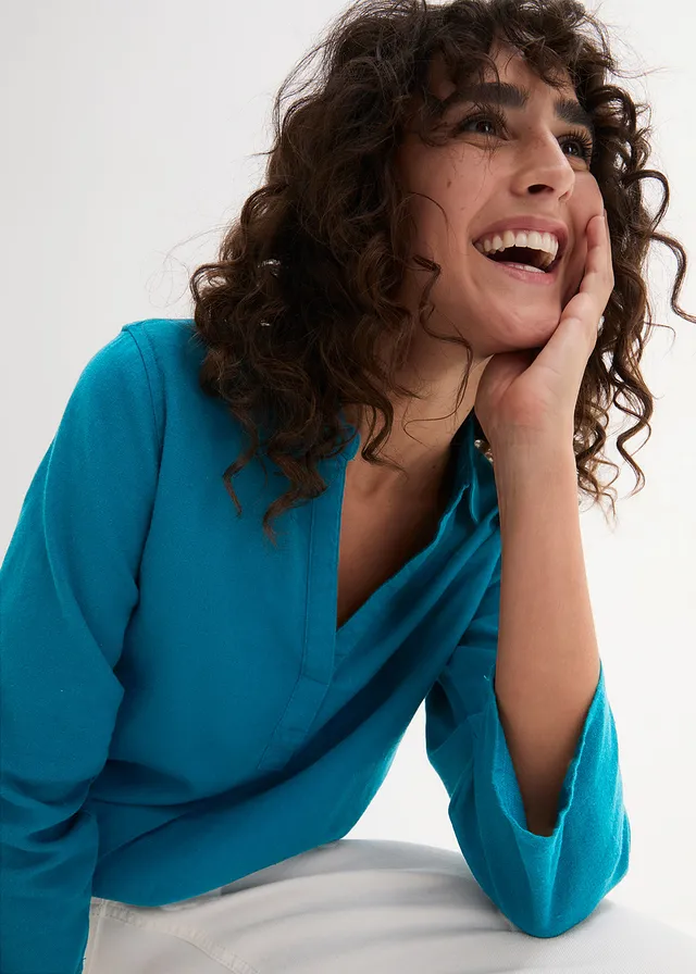 Blouse met linnen en 3/4 mouwen • zeeturkoois • product-page.page-title-suffix