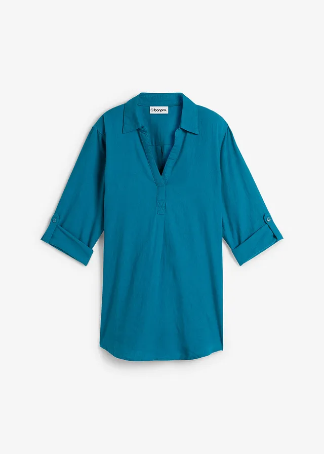 Blouse met linnen en 3/4 mouwen, Kleur: zeeturkoois