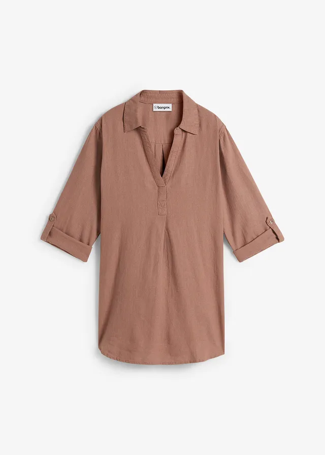 Blouse manches 3/4 en lin mélangé, Couleur: marron