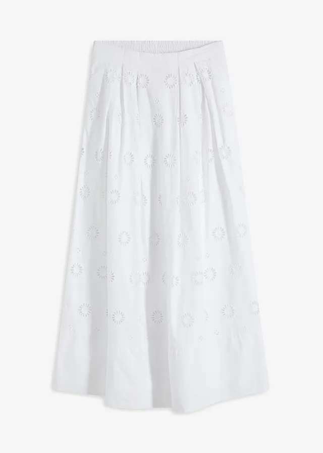 Jupe longue en coton avec broderie anglaise, Couleur: blanc