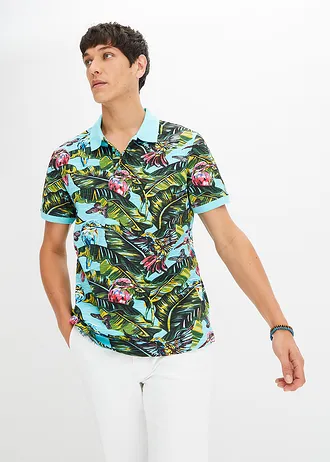 Bluză polo din bumbac organic 100%, cu mâneci scurte • acvamarin, floral • magazin bonprix