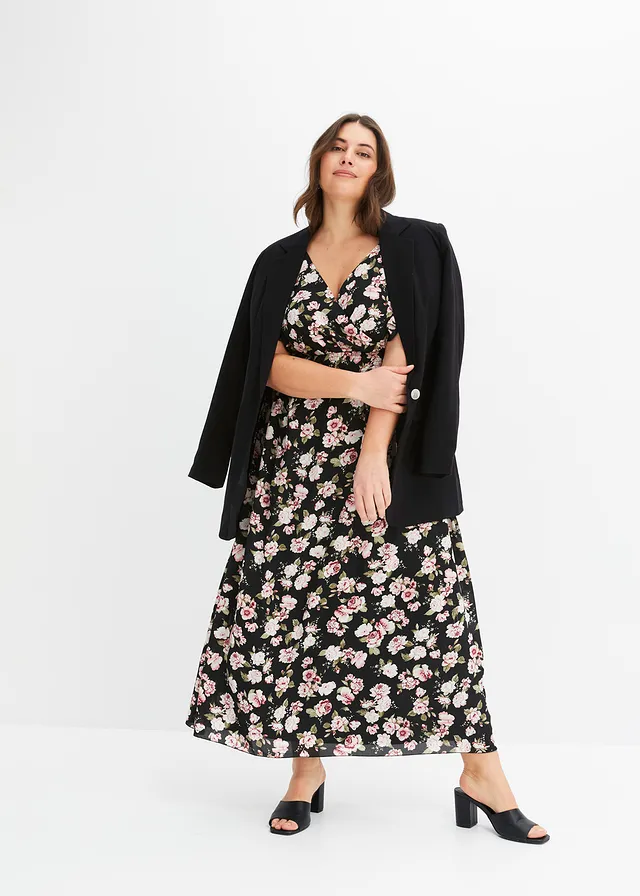 Robe longue à imprimé floral, Couleur: noir avec roses