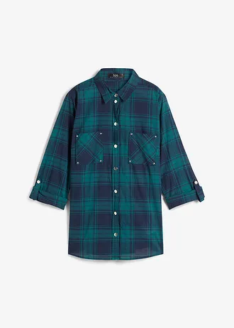 Chemisier à carreaux 100% coton, Couleur: pétrole-bleu foncé carreaux