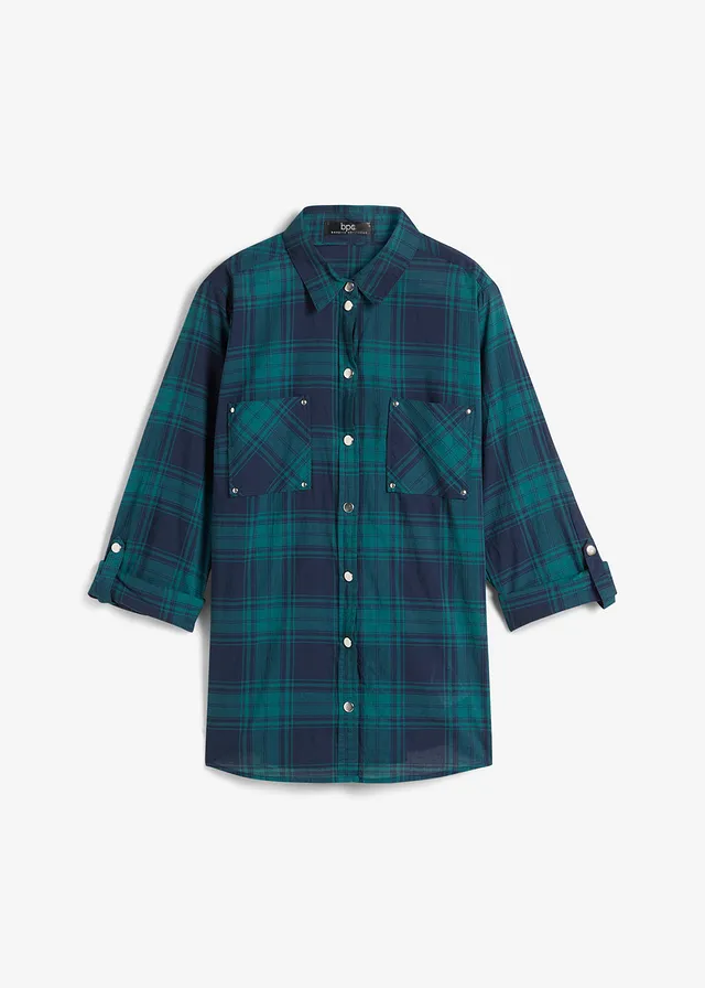 Geruite overhemdblouse van katoen • petrol-donkerblauw geruit • bonprix online shop