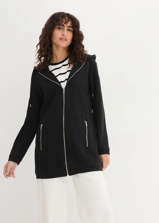 Lang sweatvest met ritszakken, Kleur: zwart