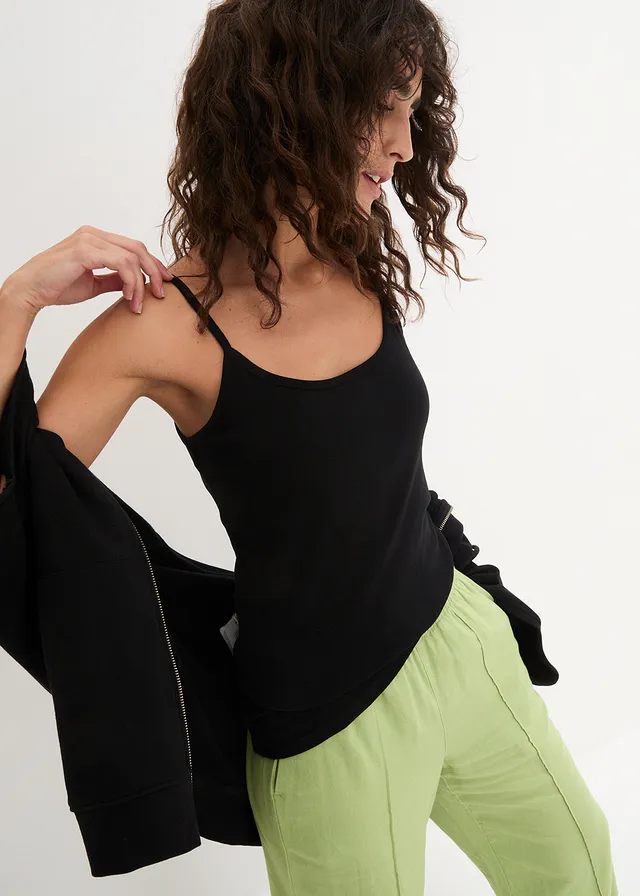 Lot de 3 tops à bretelles spaghetti 100% coton, Couleur: noir