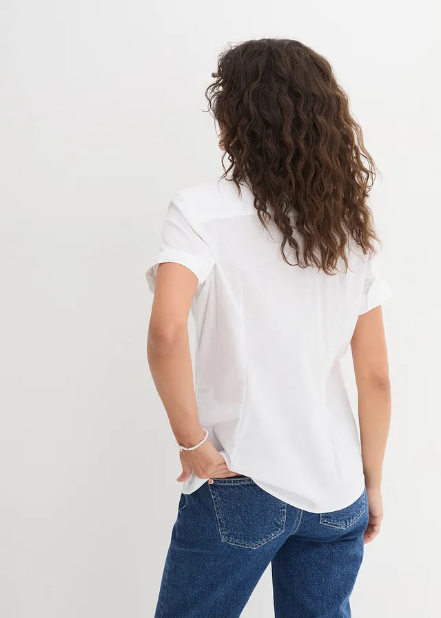 Getailleerde stretch blouse met korte mouwen van een katoenmix • wit • product-page.page-title-suffix