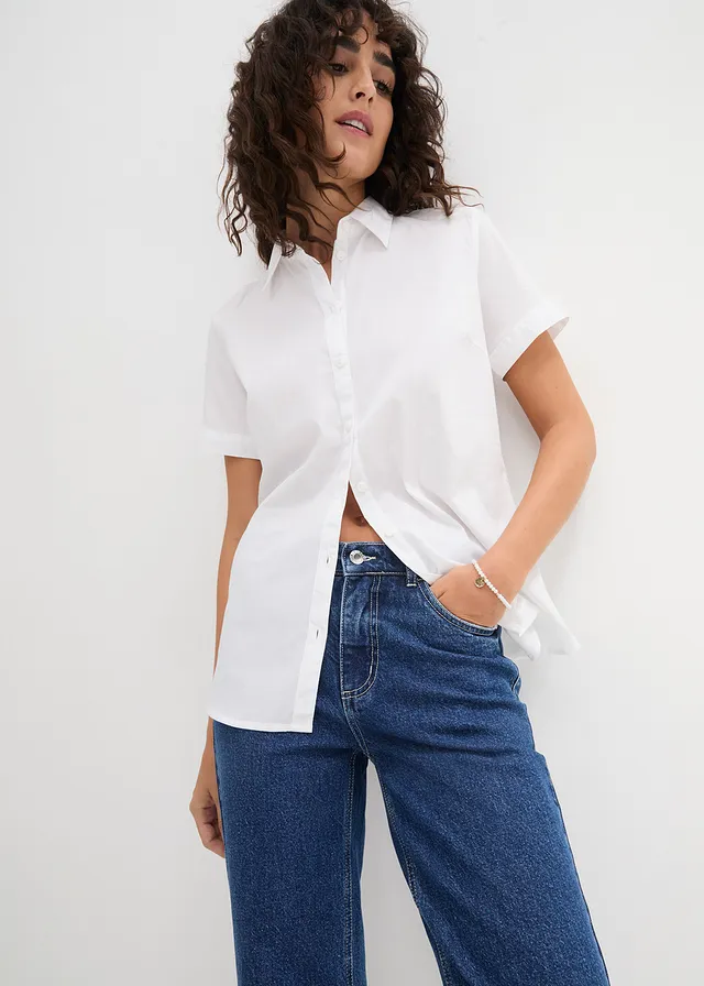 Getailleerde stretch blouse met korte mouwen van een katoenmix, Kleur: wit
