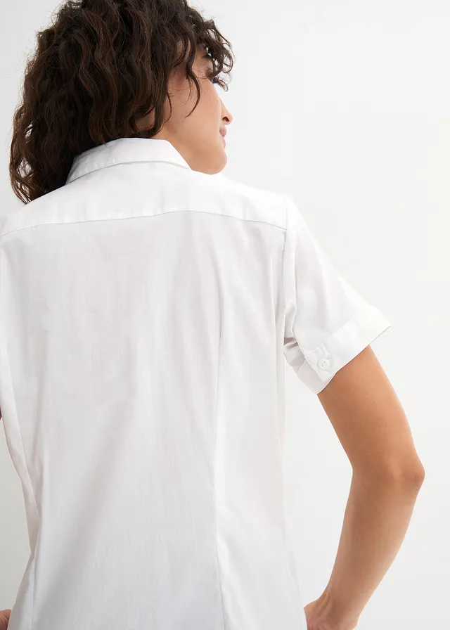 Getailleerde stretch blouse met korte mouwen van een katoenmix • wit • product-page.page-title-suffix