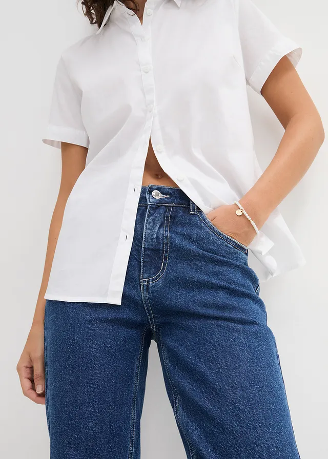 Getailleerde stretch blouse met korte mouwen van een katoenmix • wit • product-page.page-title-suffix