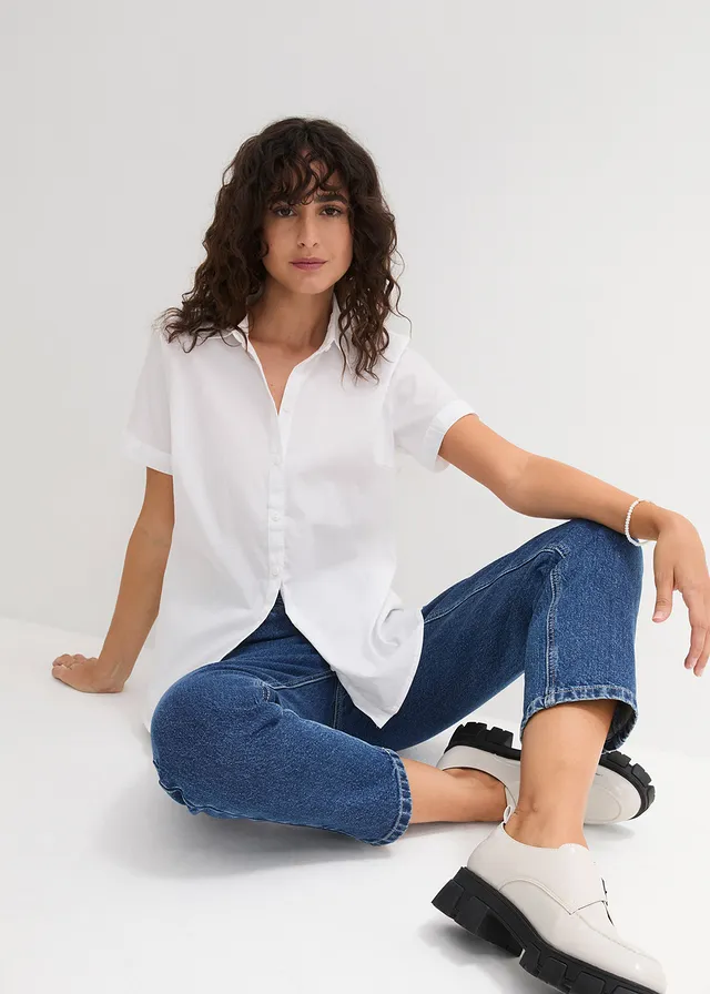Getailleerde stretch blouse met korte mouwen van een katoenmix • wit • product-page.page-title-suffix