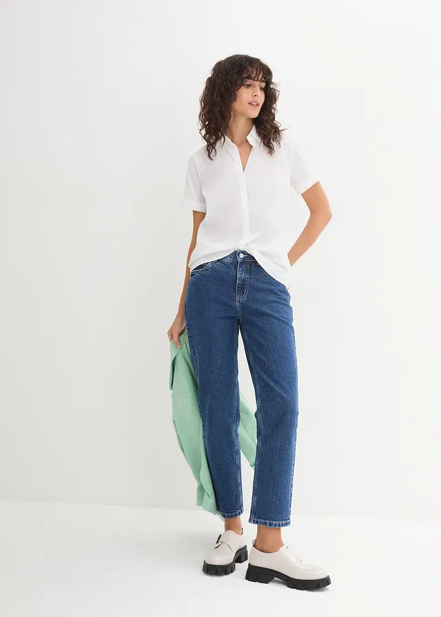 Getailleerde stretch blouse met korte mouwen van een katoenmix, Kleur: wit