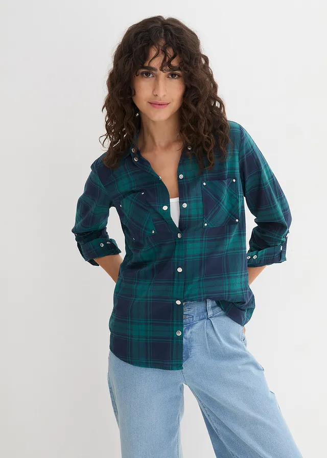 Geruite overhemdblouse van katoen, Kleur: petrol-donkerblauw geruit