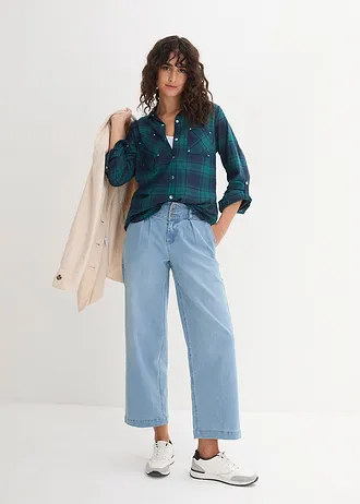 Kostkovaná košilová halenka z čisté bavlny, barva: petrolejová - tmavě modrá kostkované