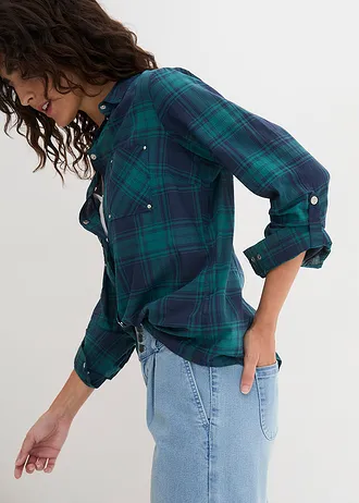 Geruite overhemdblouse van katoen • petrol-donkerblauw geruit • bonprix online shop