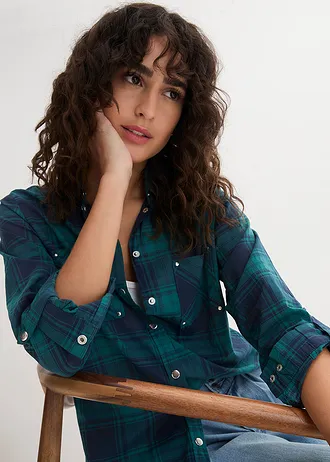 Geruite overhemdblouse van katoen • petrol-donkerblauw geruit • bonprix online shop