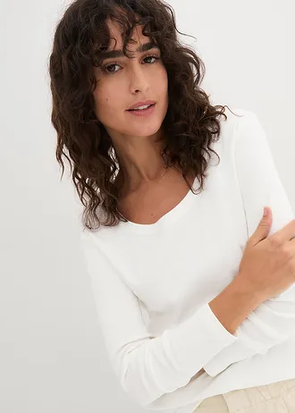 T-shirt manches longues en coton à col rond • blanc • Boutique bonprix