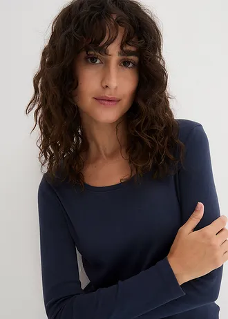 T-shirt manches longues en coton à col rond • bleu foncé • Boutique bonprix